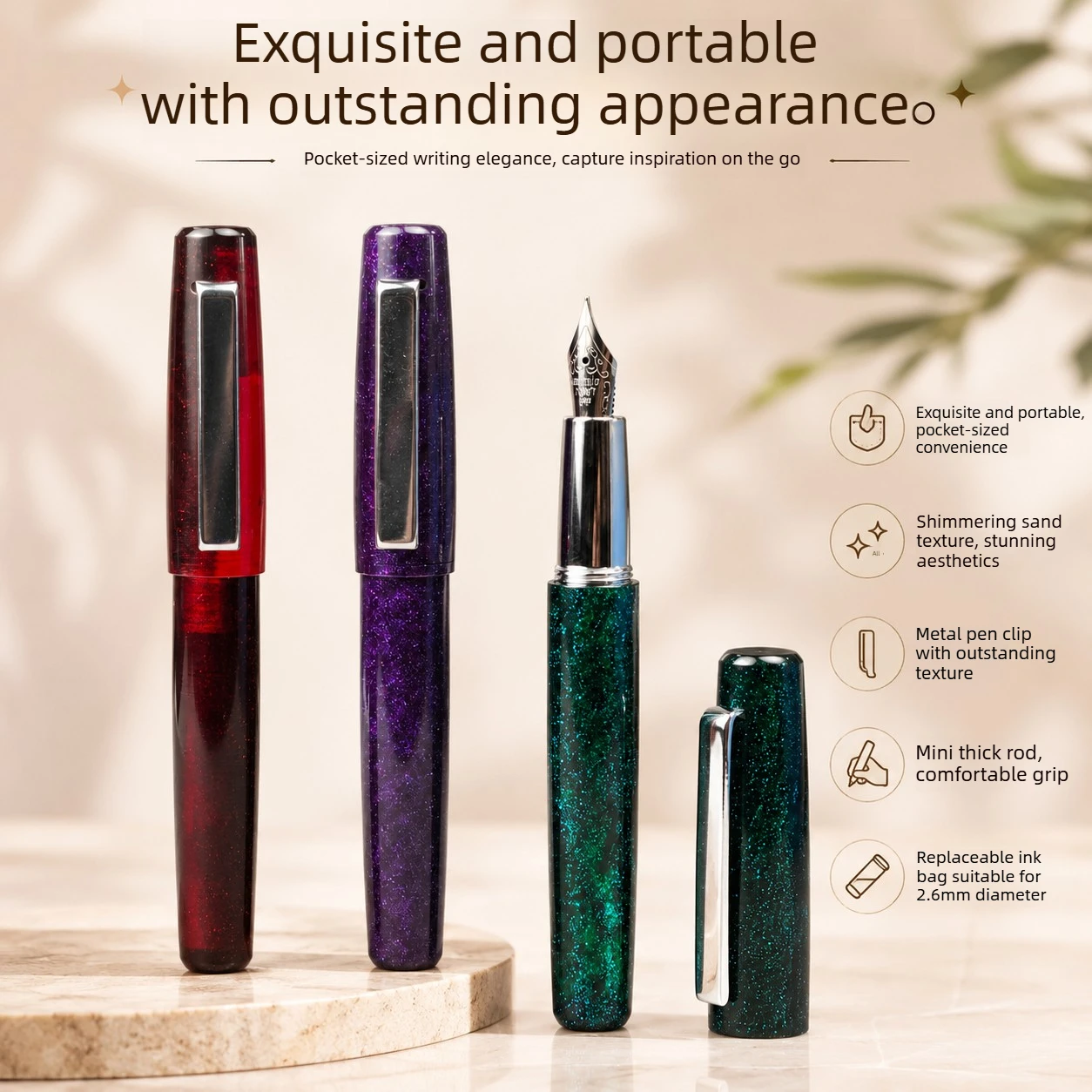 Pocket Mini Thick Barrel Short Fountain Pen Portable 2.6mm Caliber Refillable Metal Clip Pen School Office Supplies Stationery