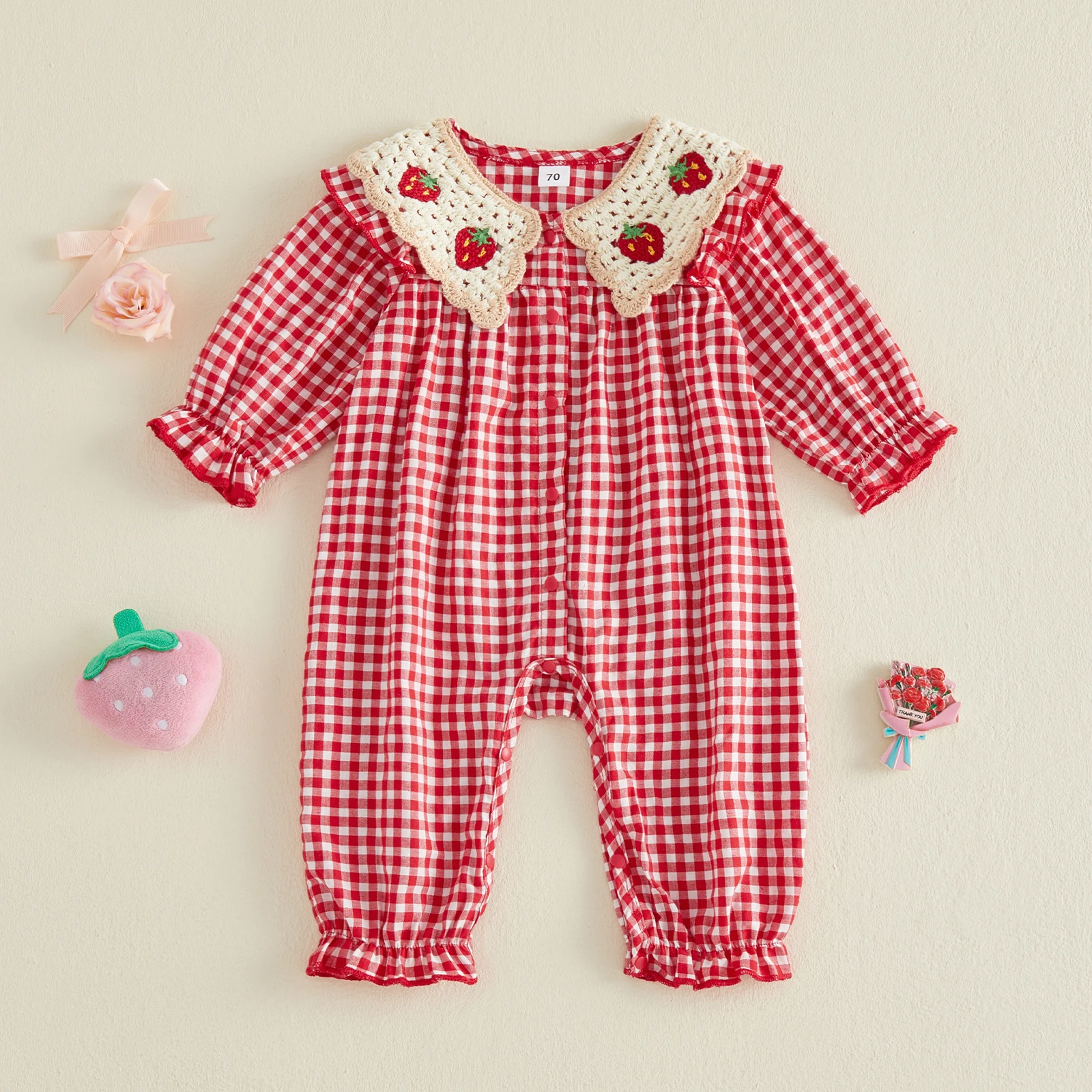 Baby Girl Red Checkered Romper Long Sleeve Ruffle Cuff Overalls Comfy Knit Collar Strawberry Jumpsuit for Photoshoot Baby Gift
