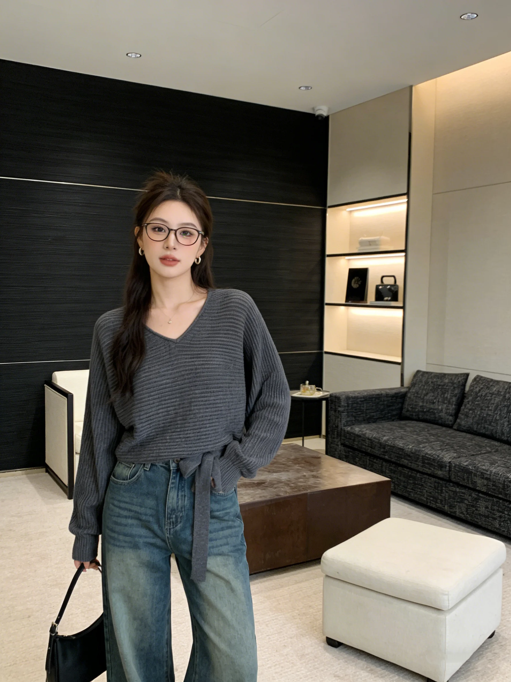 

Женский повседневный вязаный свитер с поясом, мягкий, приятный к телу, темно-серый, универсальный, укороченный, свободного кроя, весенний топ