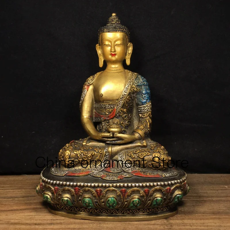 

22.5cm Ancient Chinese Tibetan Pure Copper Painted Decoration of Shakyamuni Buddha Statue