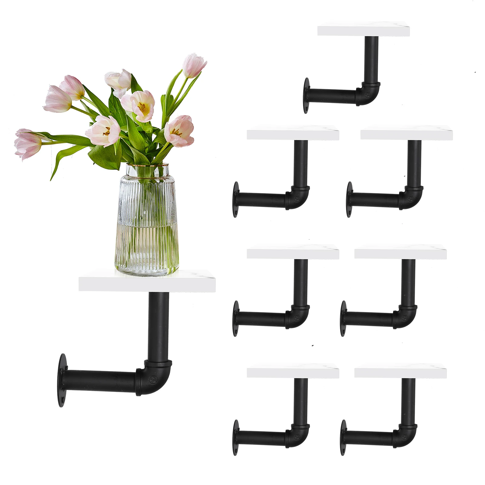 

Industrial Wall Shelf Set of 8 Wall Mounted Vintage Pipe Shelf Marbling Display Rack, Iron Pipe Shelving with Metal Pipe Bracket