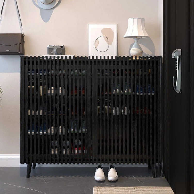Indoor entrance corridor, outer black grille door, all solid wood shoe cabinet, oak home entrance, medieval shoe rack