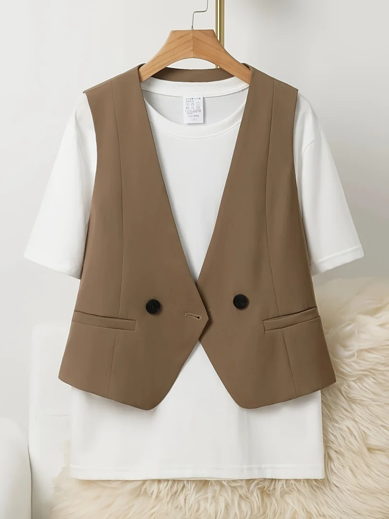 Vintage Suit Waistcoat Fashion Simple Double Breasted Elegant Women\'s Sleeveless Vest Casual Solid Color Slim-fit Small Coat