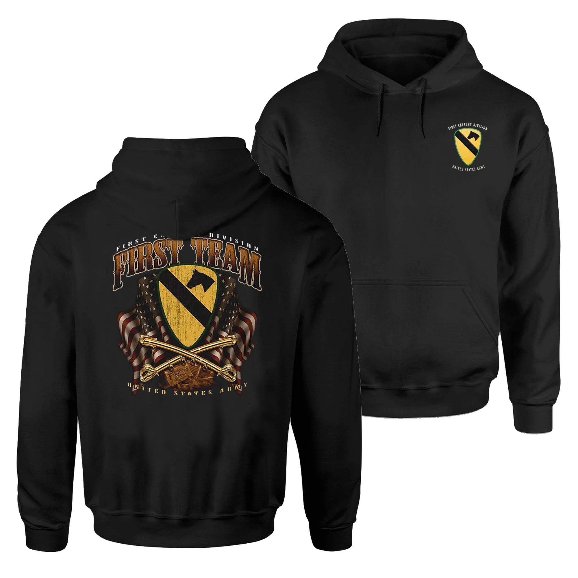 US Army 1st Cavalry Division 'First Team' Pullover Hoodie Comfortable Cotton Casual Mens Sweatshirt Streetwear