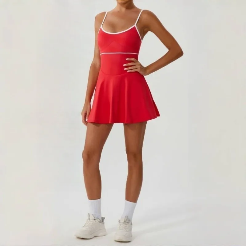 

Women's Contrasting Yoga Outfit with Chest Cushion To Prevent Glare Bare Back Short Skirt Outdoor Sports Running Fitness Suit