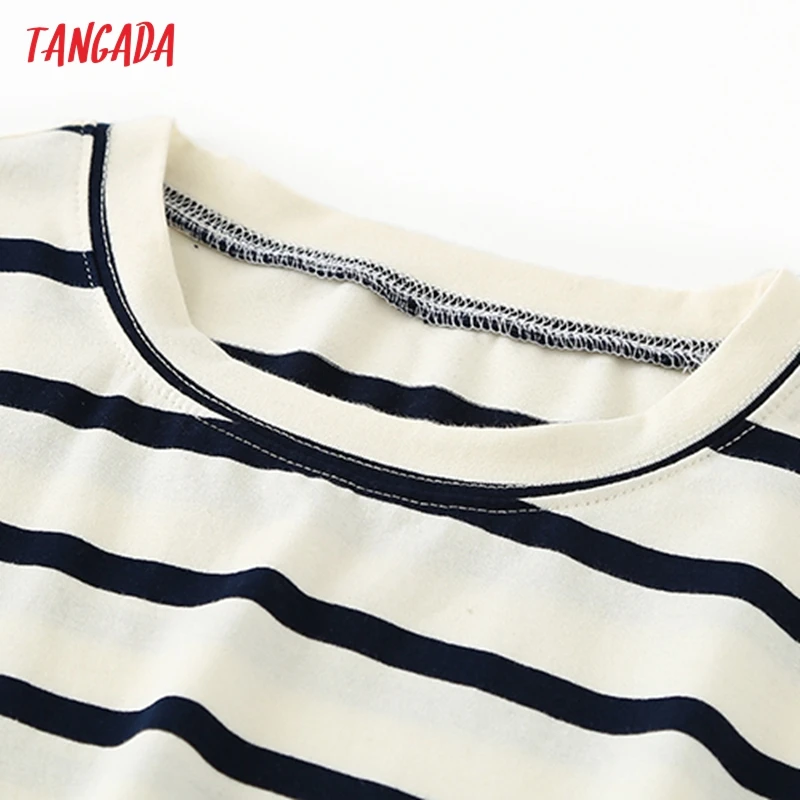 Tangada 2022 Women Striped Cotton T Shirt Short Sleeve O Neck Tees Ladies Casual Tee Shirt Street Wear Top 6L42