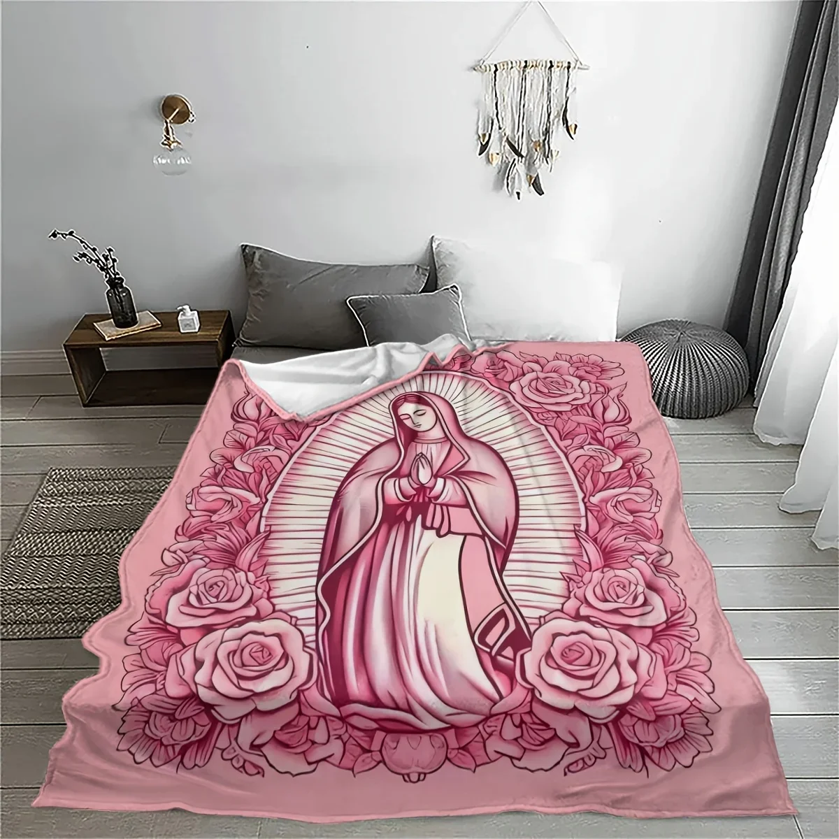 Customization Virgin Mary With Roses Blanket - Soft Flannel Bedspread Suitable For All Seasons, Pink Line Art Religious Bedding,