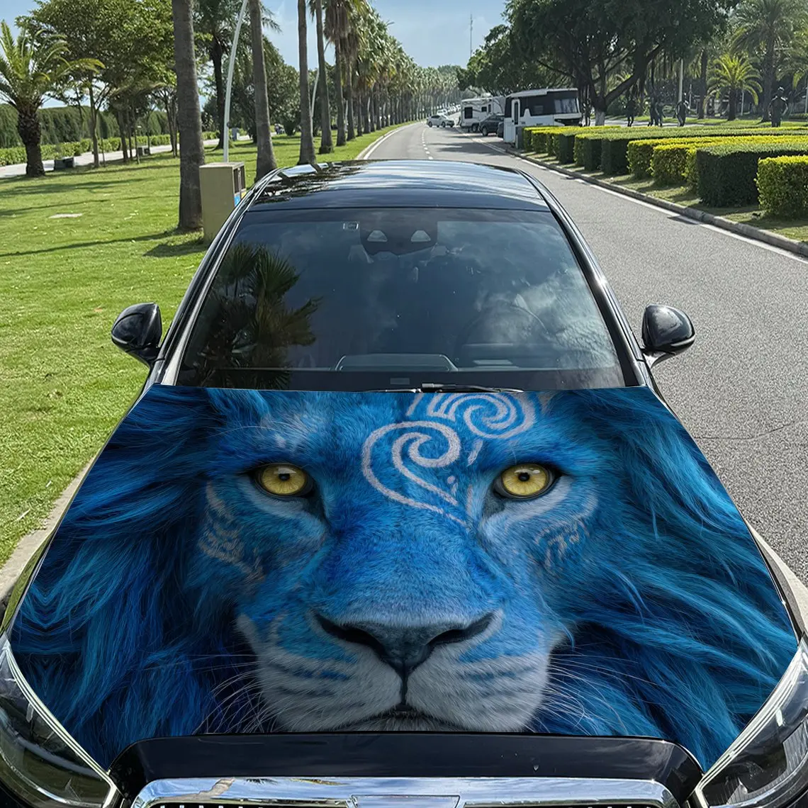 

Fantasy Blue Lion Car Vinyl Wrap, PVC Material Waterproof Car Hood Sticker, Self-Adhesive Scratch-Resistant Stickers for Engine