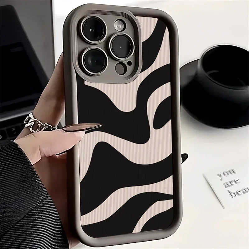 Fashion Zebra Stripes Lattice Pattern Case For iPhone 11 12 13 14 15 Pro Max X XR XS Max 7 8 Plus Camera Protection Soft Cover