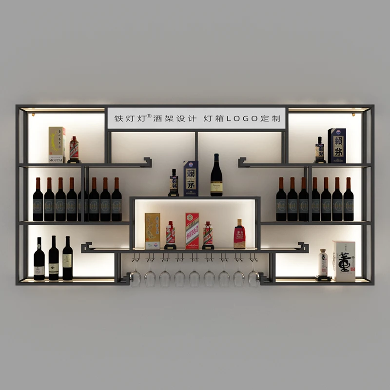 Bar Table Red Wine Rack Industrial Wind Wine Cabinet Wrought Iron Wall Hanging Rack Luminous Display Rack Furniture GGY