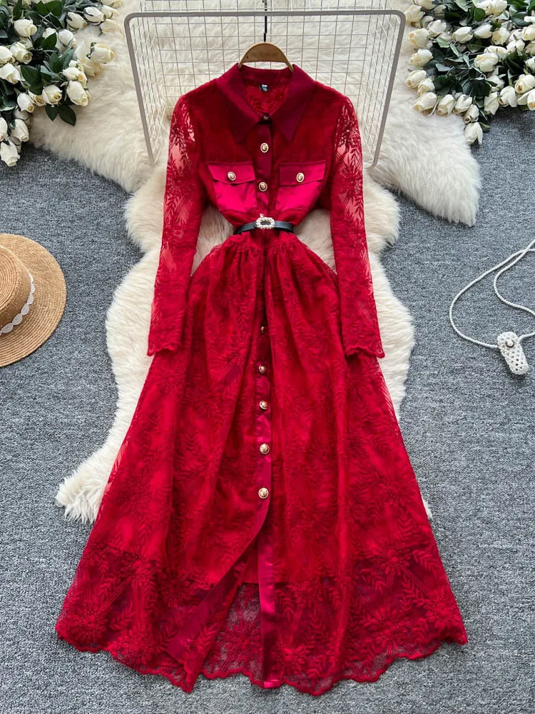 

Spring Autumn French High-end Women's Lace Dress New Embroidery Lapel Long Sleeves Single Breasted Party Birthday Dress C467