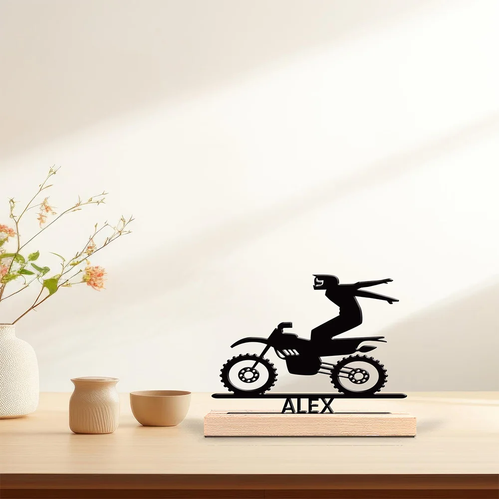 1pc Fashion Leisurely motorcyclist Customizable Text Iron Statue Metal Ornament Iron Sculpture With Wood Base Art Figurine With