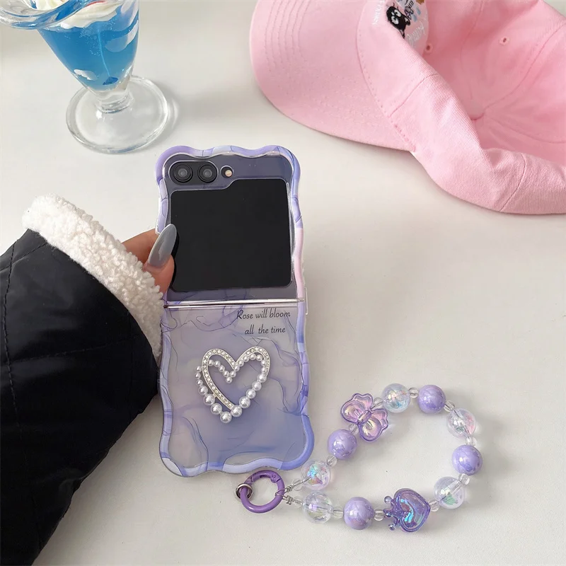 For Samsung ZFlip5 Cute Love bracelet case for Samsung Galaxy ZFlip5 4 3 6 Flip6 Wrist chain wavy transparent kawayii cover