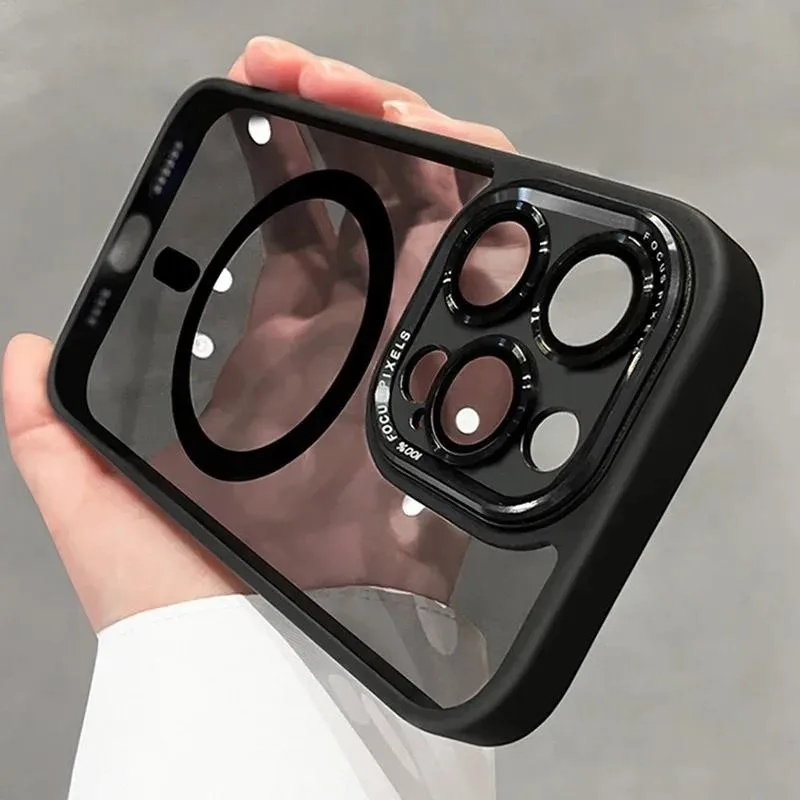 Luxe Magnetische Metalen Lens Bumper Bescherming Case Voor iPhone 16 15 14 13 12 11 Pro Max 16 Plus Draadloze Lading harde Clear Cover - afbeelding 2