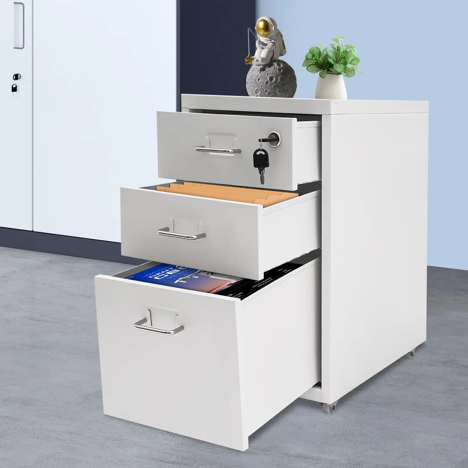 Vertical File Cabinet with 4 Wheels - 3-Drawer Metal Mobile File Cabinet with Lock - 11×16×18.3 Inch under Desk Lockable File Cabinet