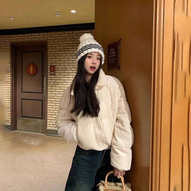Chaqueta acolchada de algodón y pan de pana para mujer, versión coreana, abrigo de invierno para niña, chaqueta acolchada con cuello levantado para estudiante, pantalones cortos gruesos