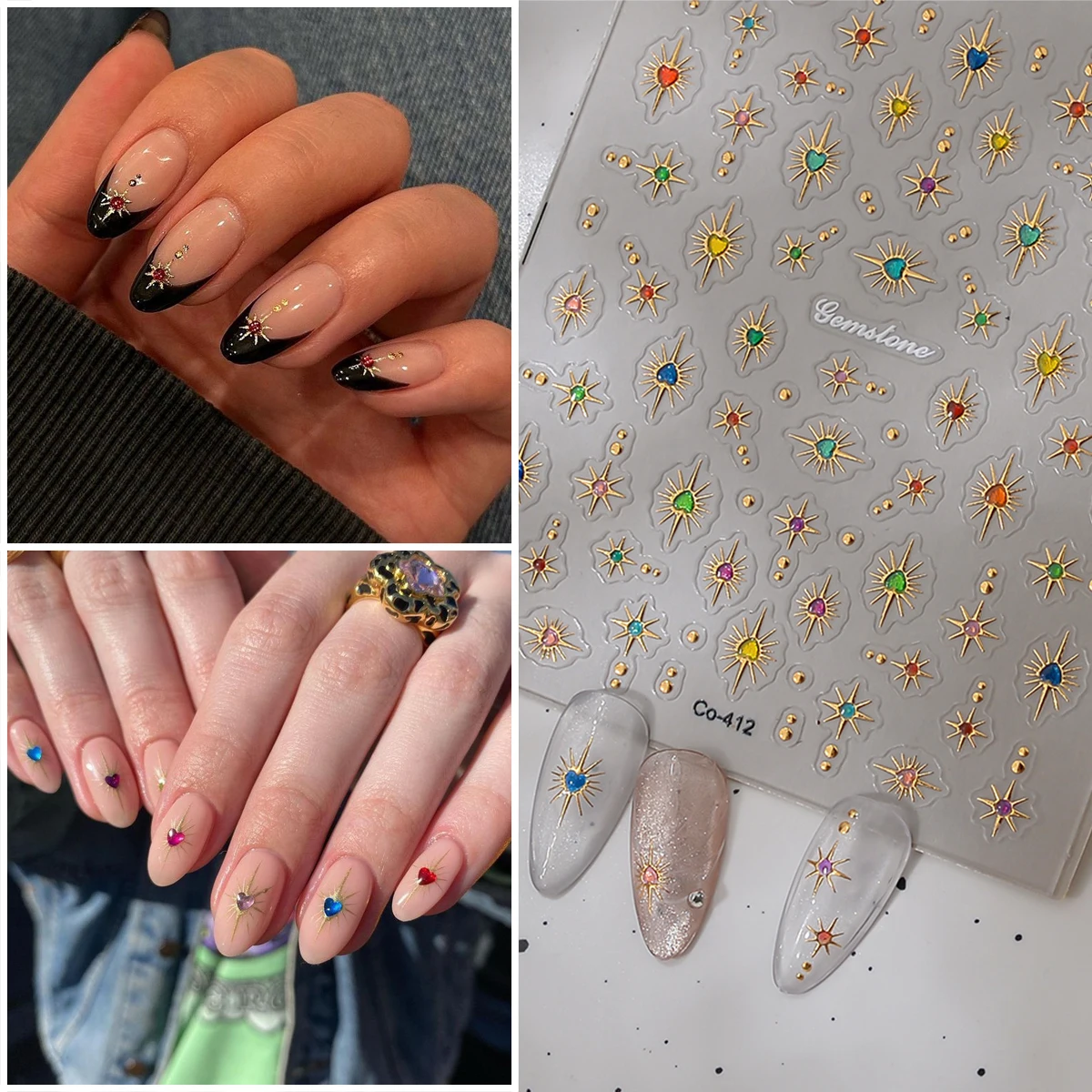 1Pc 골드 스탬핑 멀티 컬러 지르콘 하트 모양의 하이 엔드 장식 5d 릴리프 맞춤형 여성 네일 장난감 스티커