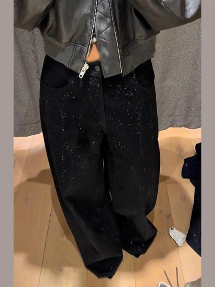 Pantalones vaqueros con lentejuelas brillantes para mujer Y2k Street, pantalones de pierna ancha holgados y brillantes de gran tamaño para mujer, pantalones vaqueros para primavera y verano 2025