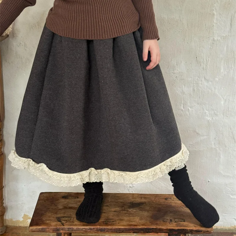 Girls Skirts 2024 Winter Girls Retro French Wool Half Skirt Girls Lotus Leaf Edge Princess Style Long Skirt