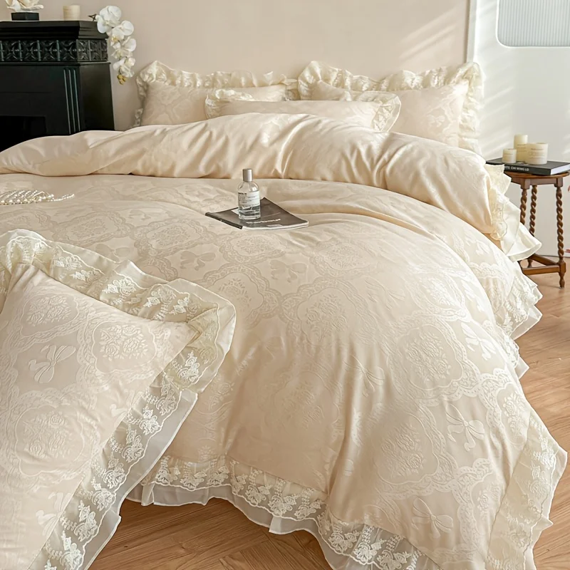 3/4PCS Jacquard Duvet Cover(Duvet Cover + Bed Sheet + Pillowcase) Print Quilt Cover Set Comfortable Ruffle Bedding Set Bedspread