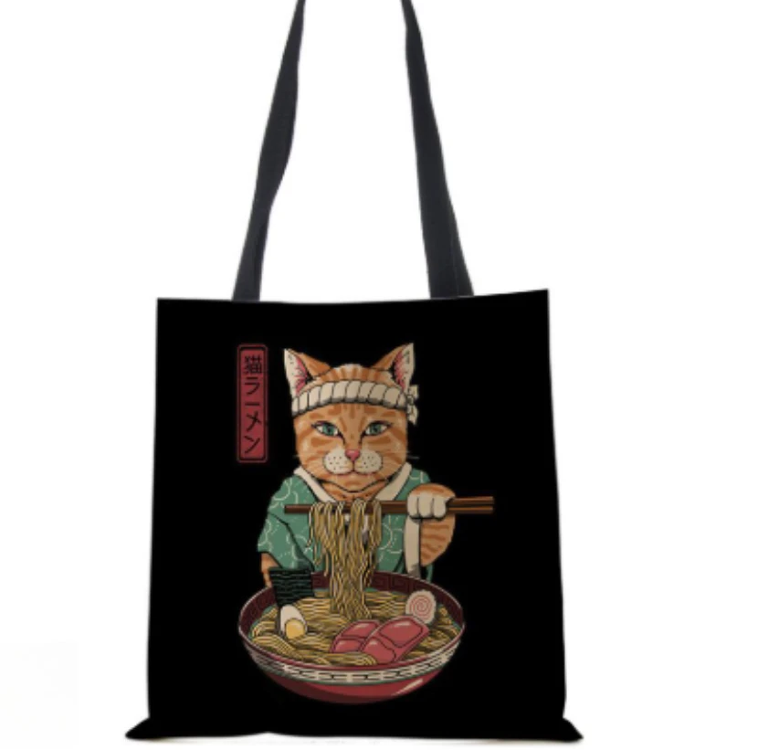 Cute Cat Tote Bag Japanese Sushi Cat Canvas Tote Bag Casual Fashion Versatile Shoulder Bag Grocery Bag for Women Girls Black view 3