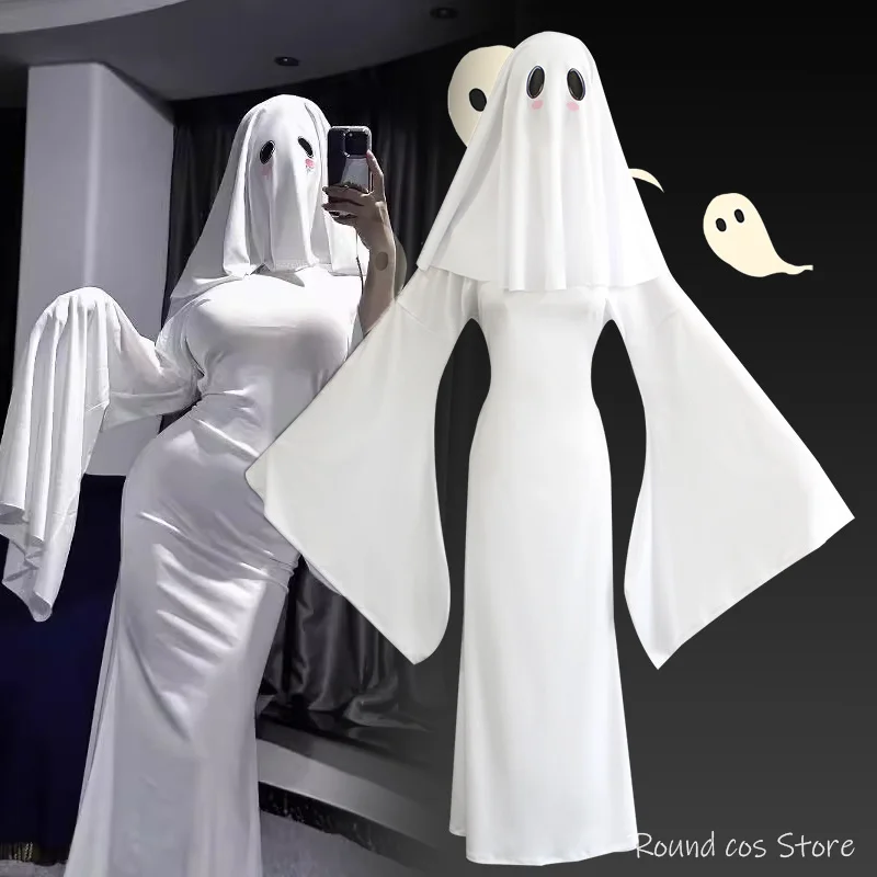 Halloween Ghost Girl Cosplay Costume Adult Women Sexy Cape Veil Suit Jumpsuit lim Fishtail Dress Scare Face Mask Outfits