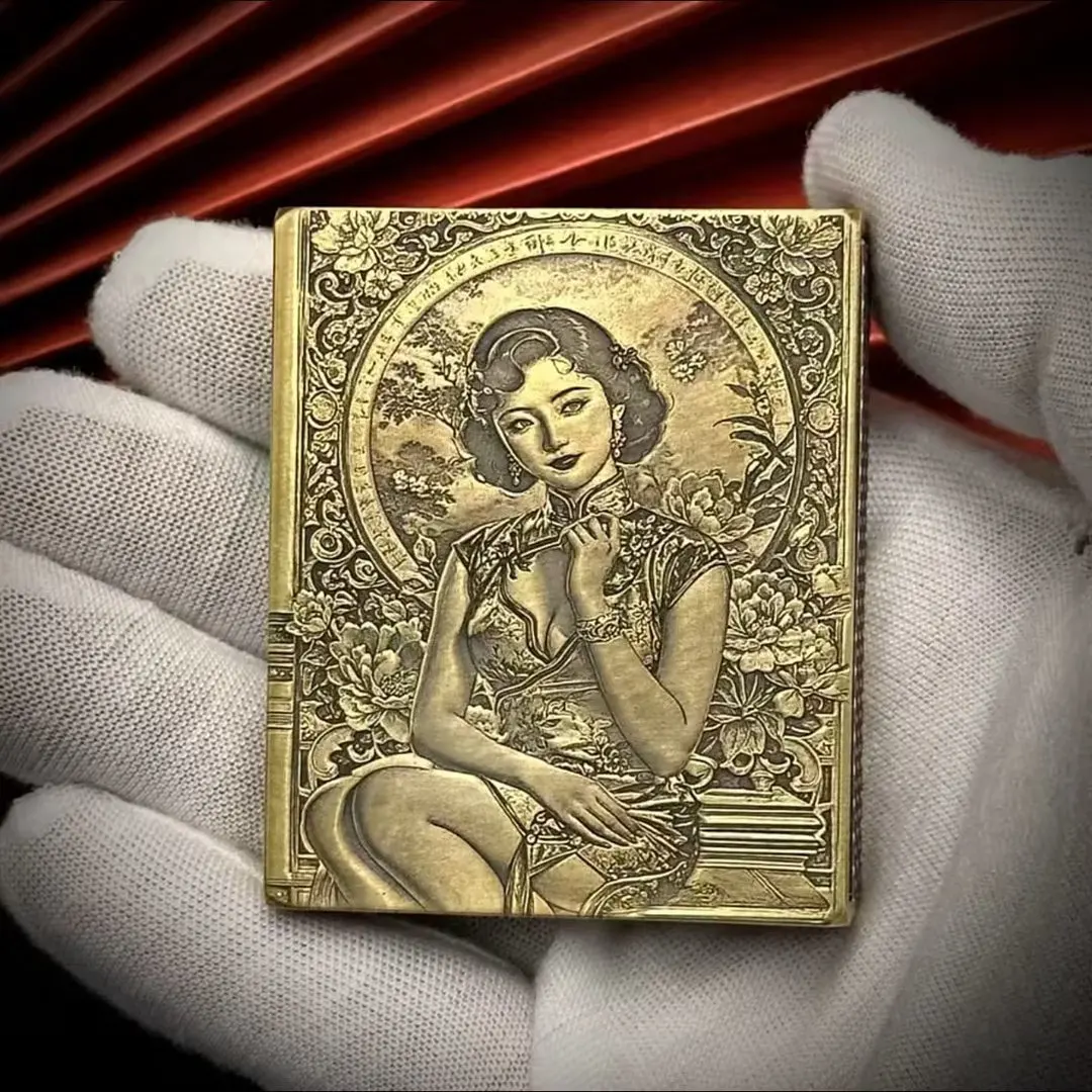 Exquisite Brass Armor Matchbox Metal Shell With Wooden Box Inside Retro Style Elegant Women With Two Patterns Collecting Gifts