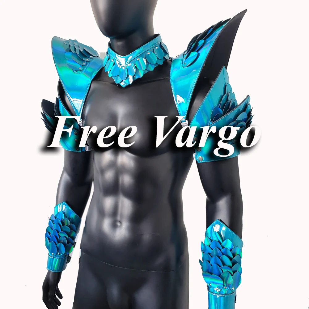 

Burning Man Holographic Blue Dragon Scale Armor,Festival Choker Cape,Rave Shoulder Piece Pads Carnival Festival Outfit Costume