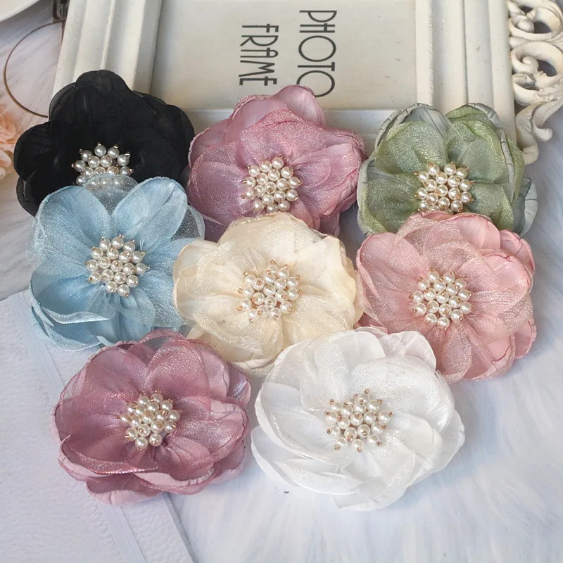 5Pcs 7.5CM Organza Chiffon Fabric Flower Beads Center Handmade DIY Artificial Flower Headwear Dress Hairpin Shoes Decor