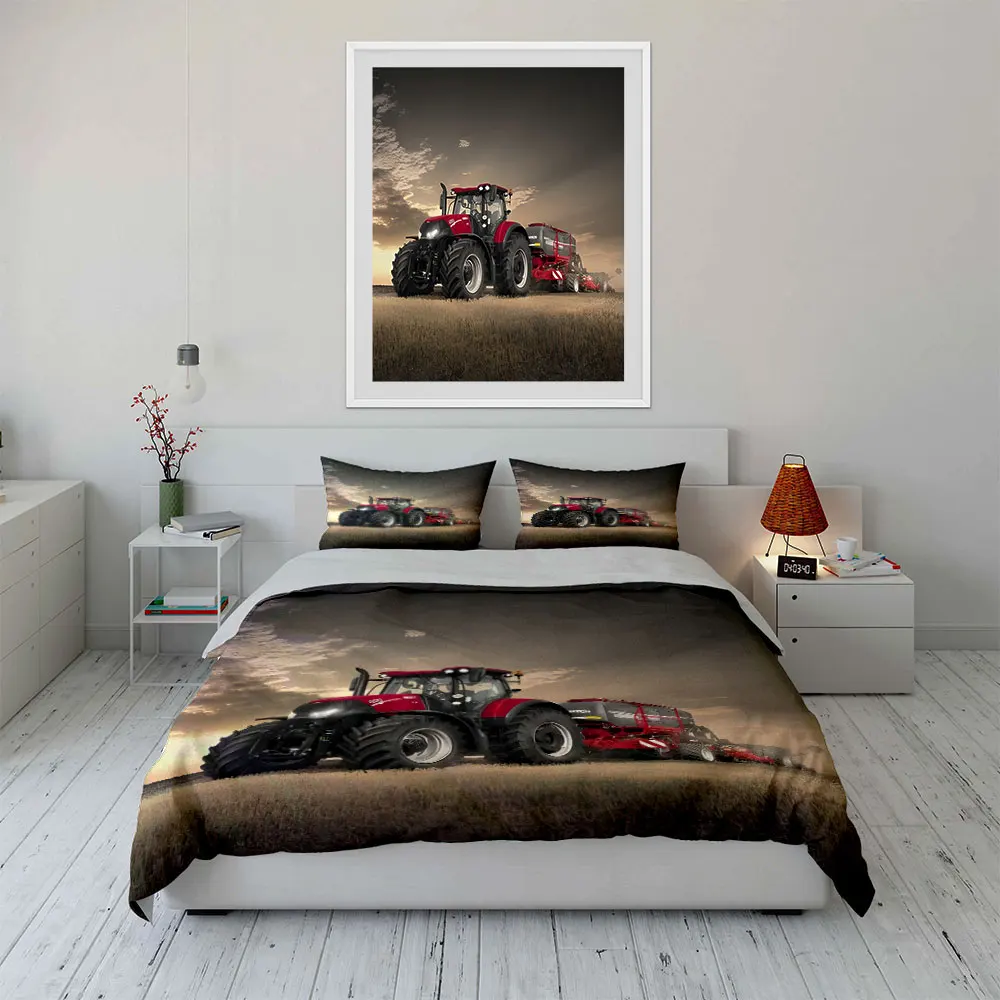 Red tractor farming at sunset Print Soft Comfortable Duvet Cover Bedding Set Included 1*Duvet Cover  2*Pillowcases Luxury Gift