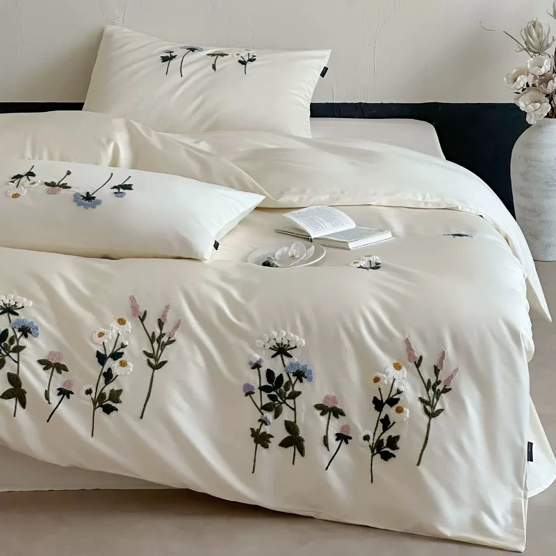 Pastoral Style 1000TC Long-staple Cotton Romantic Flowers Towel Embroidery Bedding Set Duvet Cover Flat/Fitted Sheet Pillowcases