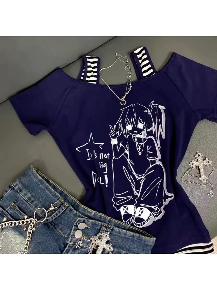 هوتشو Y2k الأسود Juminocore تي شيرت المرأة Kawaii مخطط قصيرة الأكمام قبالة الكتف تيز اليابانية موضة سليم الحلو جيارو