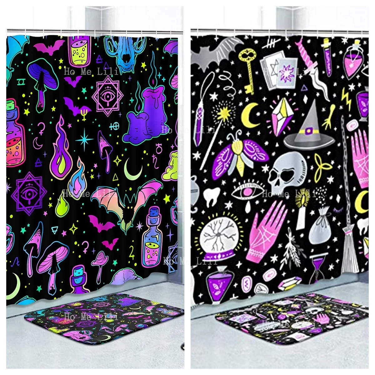 4 Pcs Shower Curtain Set Magic Witch Witchcraft Esoteric Black Mystic Non-Slip Rugs Toilet Lid Cover And Bath Mat Bathroom Decor