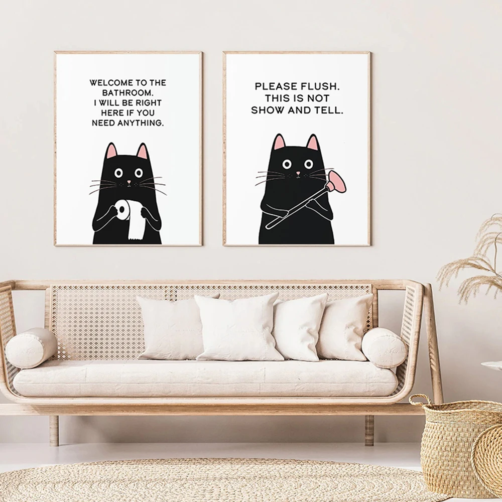 Abstract Humor Funny Bathroom Quote Posters Black White Pet Cats Prints Canvas Painting Wall Art Pictures WC Toilet Room Decor