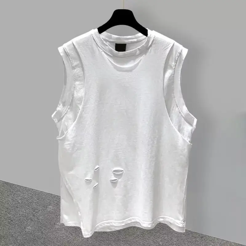 Men\'s Clothing Sleeveless T-shirt Summer Loose Men Tank Top Leisure Solid Hole Priming Shirt Round Neck Fitness Running Men Tops