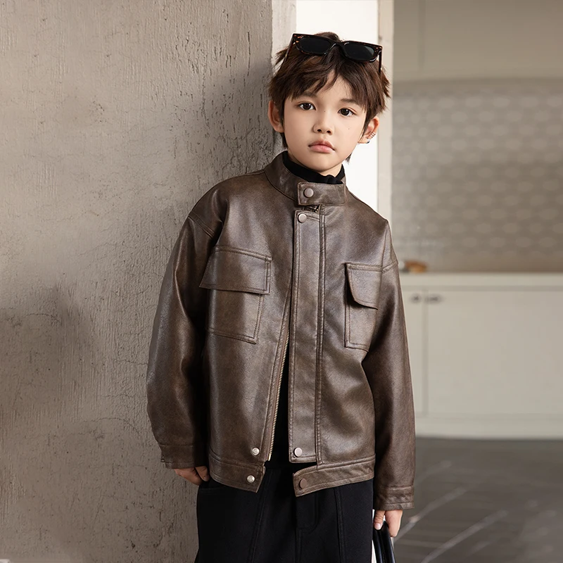 

Baby Boys Autumn PU Leather Jacket Zipper Fly Coat For Kids Brown Stand Collar Children's Faux Rabbit Fur Lining Clothes TR358