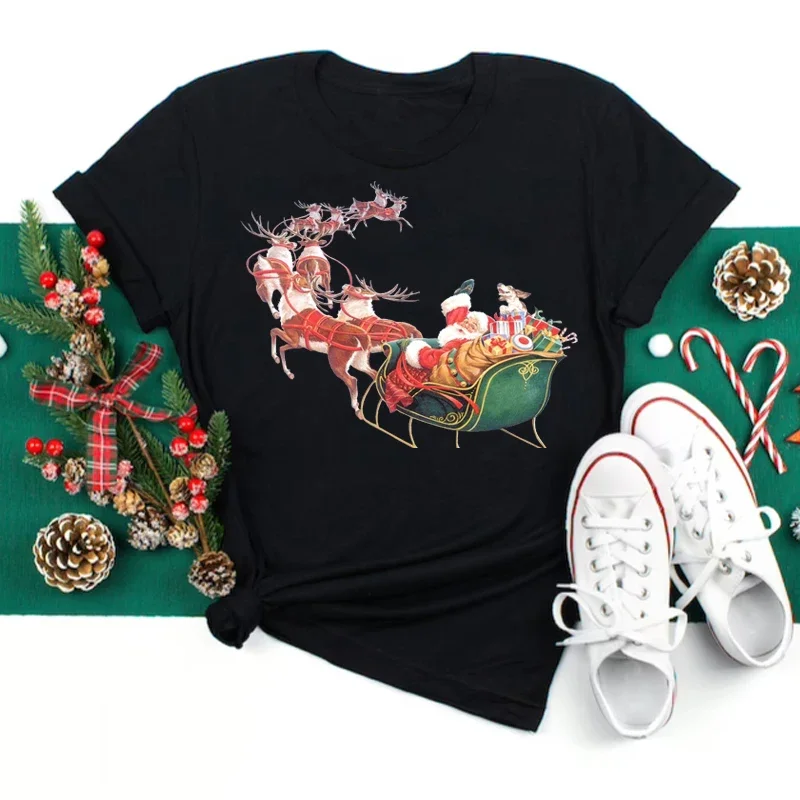 Cute Santa Claus with Deer Graphic Women Shirt Red Hat Christmas  Avocado Men Tops Xmas Gift T-shirt Casual Snowman Clothes