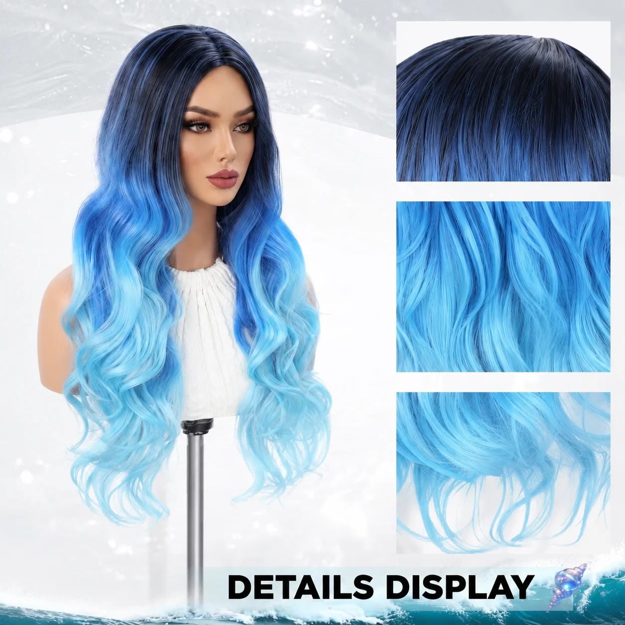 30 Inch Long Wavy Synthetic Wig, Dark Blue to Light Blue Ombre Heat Resistant Colored Hair Wigs for Women Cosplay Halloween