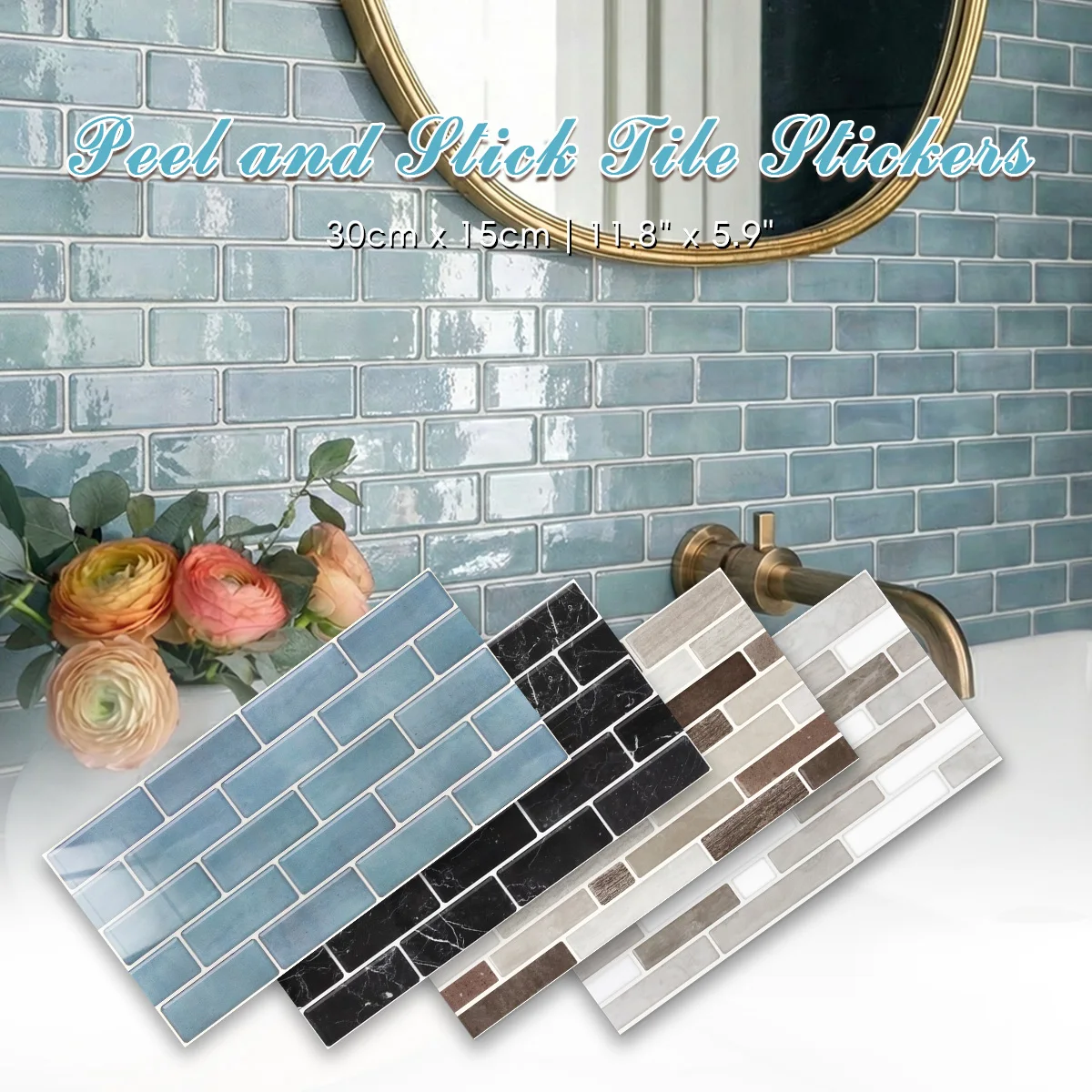 6/12/24PCS 30x15CM Sky Blue Glossy PET Self-Adhesive Tile Wall Stickers, Flat Peel and Stick, Waterproof, Kitchen, Bathroom
