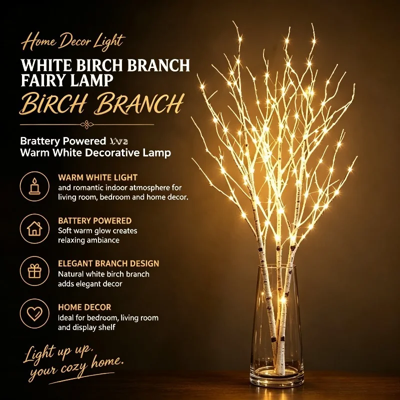 Battery Operated White Birch Branch Fairy Lamp Warm White LED Decorative Twig Light for Home Indoor Ambient Atmosphere Decorat