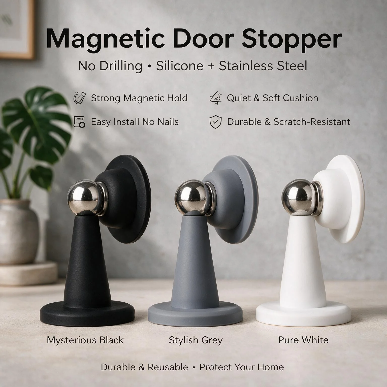 Self‑Adhesive Magnetic Silicone Door Stopper No‑Drill Windproof Anti‑Collision Floor Stop Baby Safety Home Hardware for Bedroom