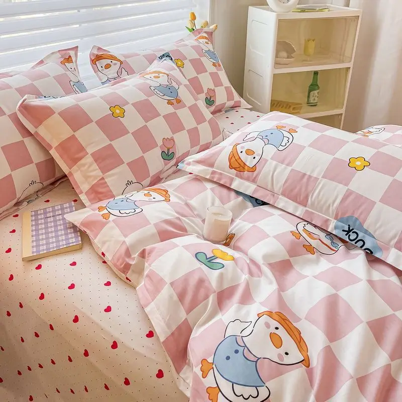 Checkerboard Pink Bedding Set with Cartoon Cute Kids Duvet Cover Flat Sheet Pillowcase Twin Full Size Comforter Cover No Filler