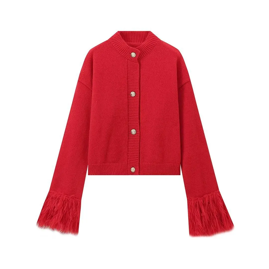 Cardigan patchwork de plumes pour femmes, pull en tricot à boutonnage simple, manches longues, rouge élégant, mode automne et hiver, 2024