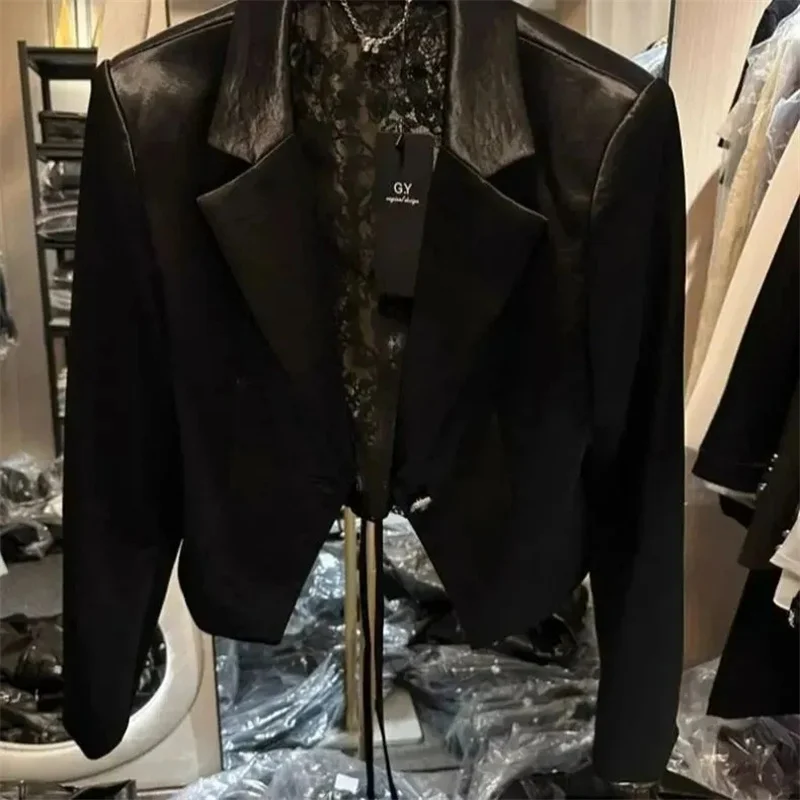 

Женское пальто, женская куртка, ранняя осень, высококачественный кардиган, короткое пальто, женский нишевый дизайн, модный пиджак с кружевной строчкой