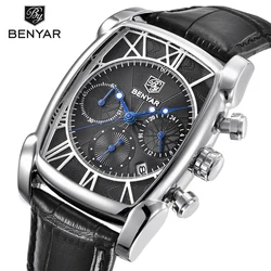 BENYAR Classic Rectangle Case Fashion Sport Chronograph Men's Watches Waterproof 30M Genuine Leather Strap Luxury Quartz Watch