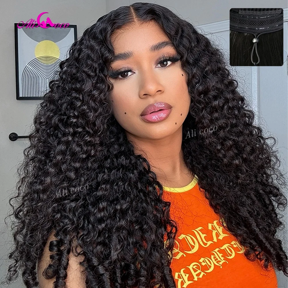 Real Human Hair Natural Black Burmese Curly Drawstring 13X6 Glueless Wigs 15A 200 Density Transparent HD Pre Plucked Lace Front