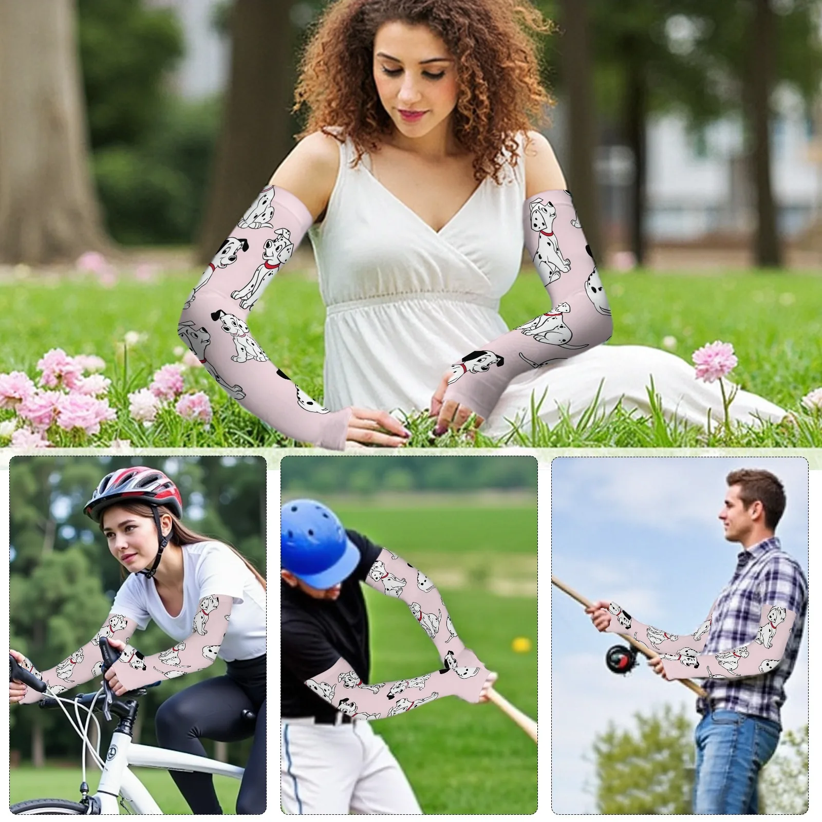 Rękawy na ramię z nadrukiem kreskówki dalmatyńczyka Kawaii - różowy lodowy jedwab, oddychająca ochrona przed promieniowaniem UV dla rodziców i dzieci na codzienne i przygodowe wyprawy na świeżym powietrzu