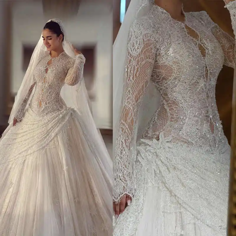 Gorgeous High Neck Wedding Dress Lace Sequin Long Sleeve Ruched Court Train Ballgown Bridal Gown Vestido De Novia Customized