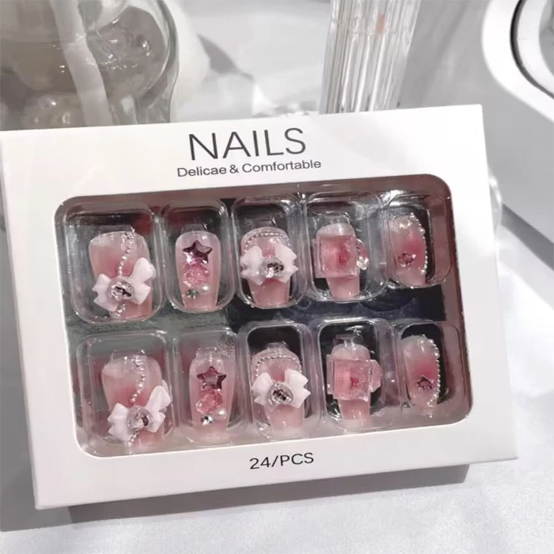 Faux ongles rose blush avec nœud papillon, diamant, perle, 3D, design, à presser, avec bord lisse inoffensif, pour femmes, N64.N64.N64.