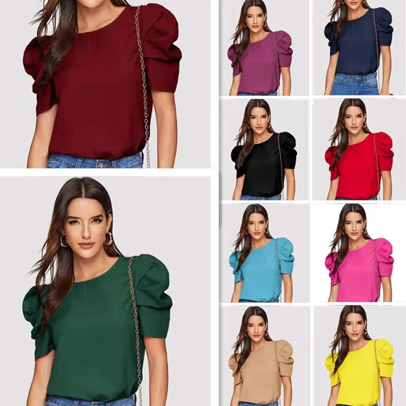 Women Blouse Fashionable Summer Versatile Urban Leisure Bubble Sleeve Round Neck Straight Tube Women\'s T-shirt Blouses Shirts